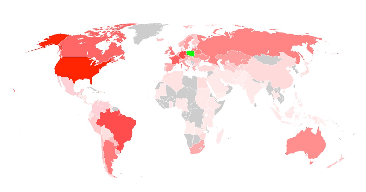 Uproszczona mapa pokazująca miejsca z najliczniejszą Polonią (im intensywniejszy kolor, czym liczniejsza Polonia) /Marcin Floryan/CC BY-SA 2.5 (https://creativecommons.org/licenses/by-sa/2.5/) /Wikimedia