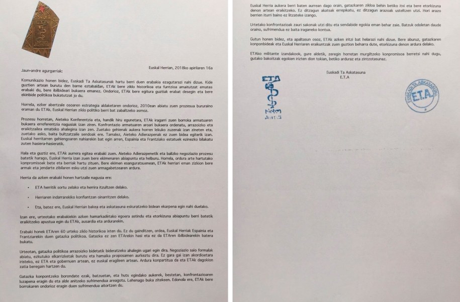 Upubliczniony przez ETA list, w którym organizacja ogłasza swoje całkowite rozwiązanie /ETA HANDOUT /PAP/EPA