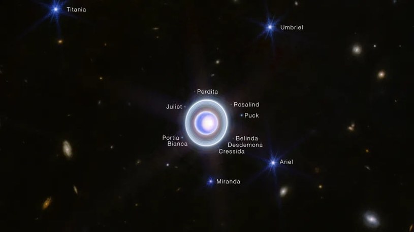 Uran oraz jego pierścienie i 14 z 27 księżyców /NASA, ESA, CSA /materiał zewnętrzny