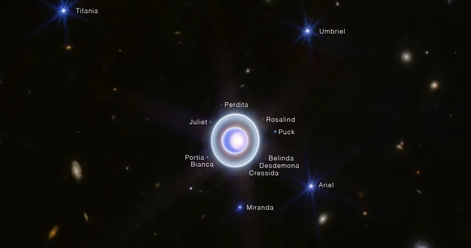 Uran oraz jego pierścienie i 14 z 27 księżyców /NASA, ESA, CSA /materiał zewnętrzny