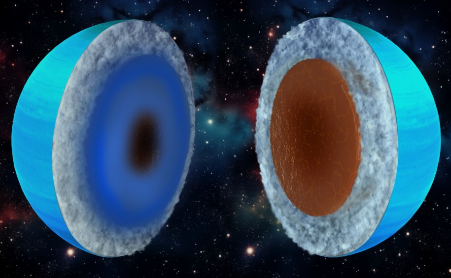 Uran równie dobrze może być lodowy (jak po lewej) lub skalisty (jak po prawej) /Rys. Keck Institute for Space Studies/Chuck Carter) /Materiały prasowe