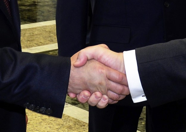Uścisk dłoni przywódców Rosji i Ukrainy /SERGEI BONDARENKO / POOL /PAP/EPA