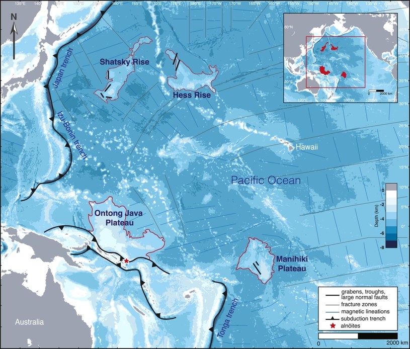 Uskoki (pokazane krótkimi, grubymi czarnymi liniami) w czterech płaskowyżach oceanicznych płyty Pacyfiku mają tendencję do przebiegania równolegle do najbliższej granicy płyty (strefy subdukcji) /Gün i in., Geophys. Res. Lett , 2024 /materiał zewnętrzny