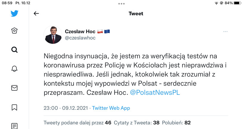 Usunięty wpis posła PiS Czesława Hoca /Twitter.com /Twitter