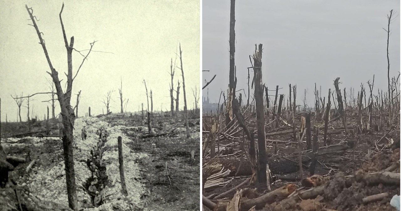 Verdun w 1916 i Bachmut w 2022 - szokujące podobieństwo zniszczeń spowodowanych przez ostrzał artyleryjski /Twitter