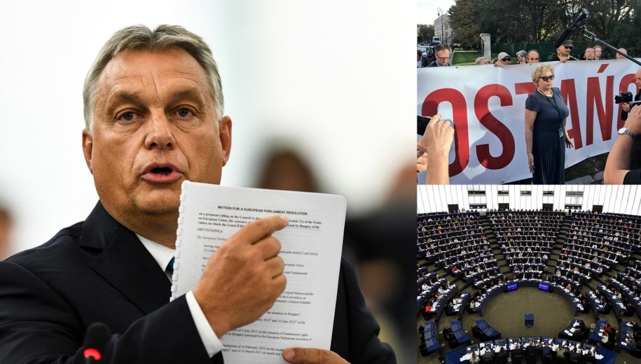 Viktor Orban (fot. EPA/PATRICK SEEGER), Małgorzata Gersdorf przed SN (fot. Patryk Michalski, RMF FM) i Parlament Europejski podczas głosowania (fot. EPA/PATRICK SEEGER ) /PAP/EPA