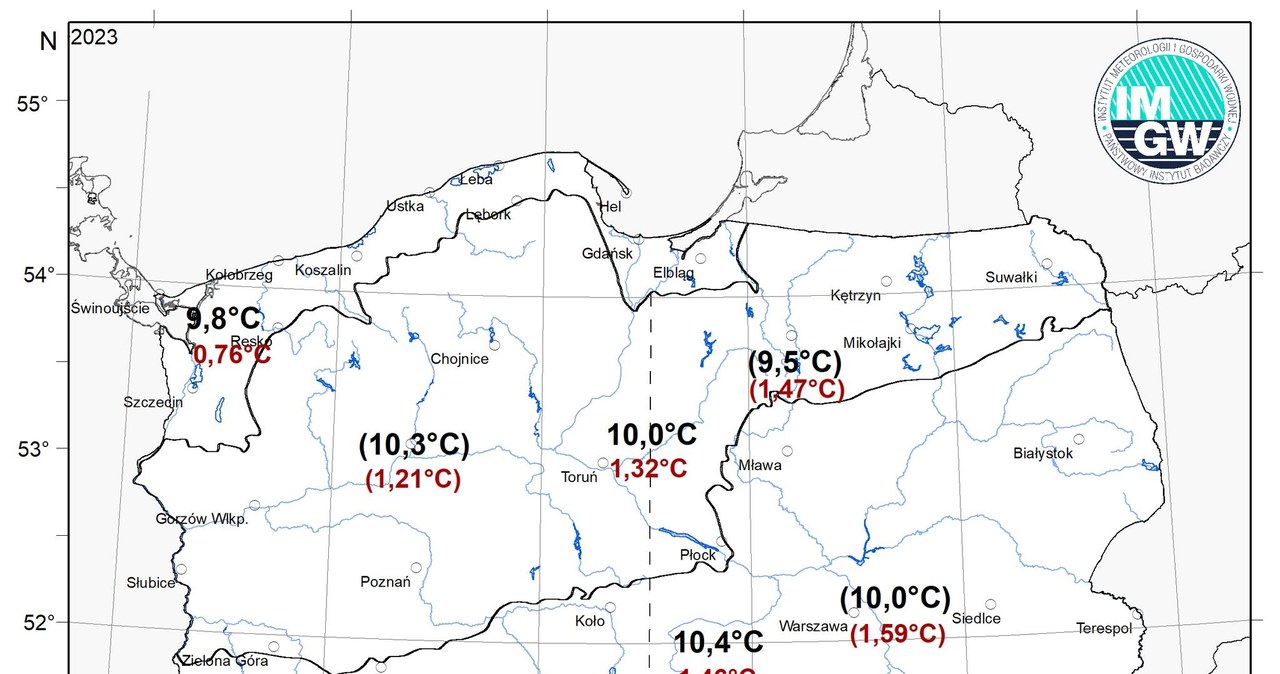 W 2023 roku najcieplej było na Podkarpaciu, gdzie średnia temperatura powietrza wyniosła 10,5 st. C. To o 1,5 st. C więcej od średniej /IMGW /