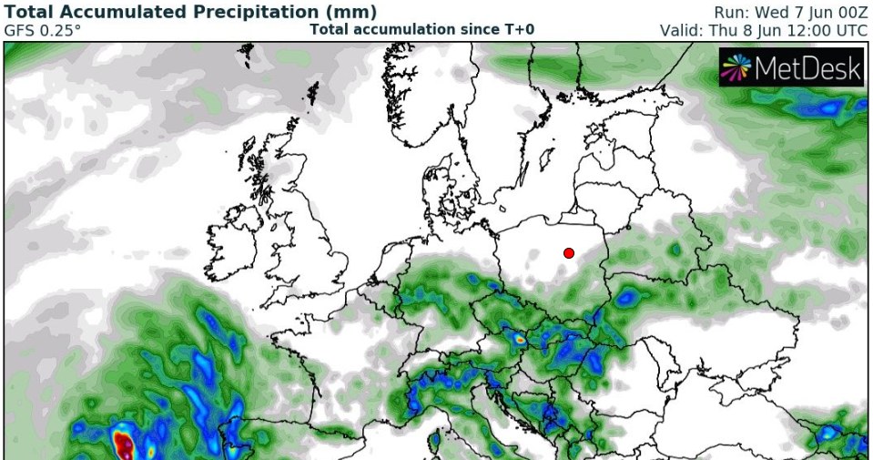 W Boże Ciało opady deszczu i burze wystąpią głównie na południu /wxcharts /