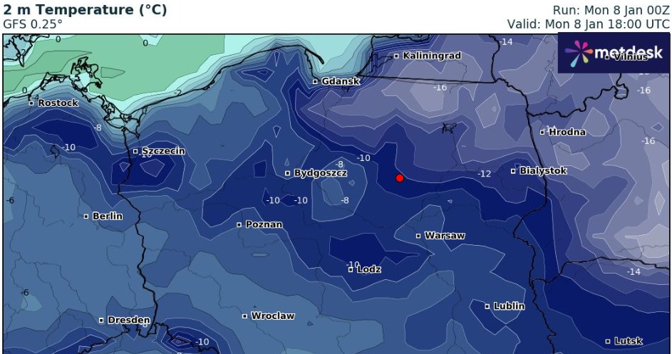 W całej Polsce w najbliższych godzinach będzie mroźnie. W nocy lokalnie może być poniżej -20 stopni Celsjusza /wxcharts /