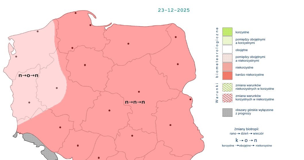 W całym kraju zapanują niekorzystne warunki. Tylko tam gdzie w ciągu dnia się przejaśni mogą być obojętne /IMGW /