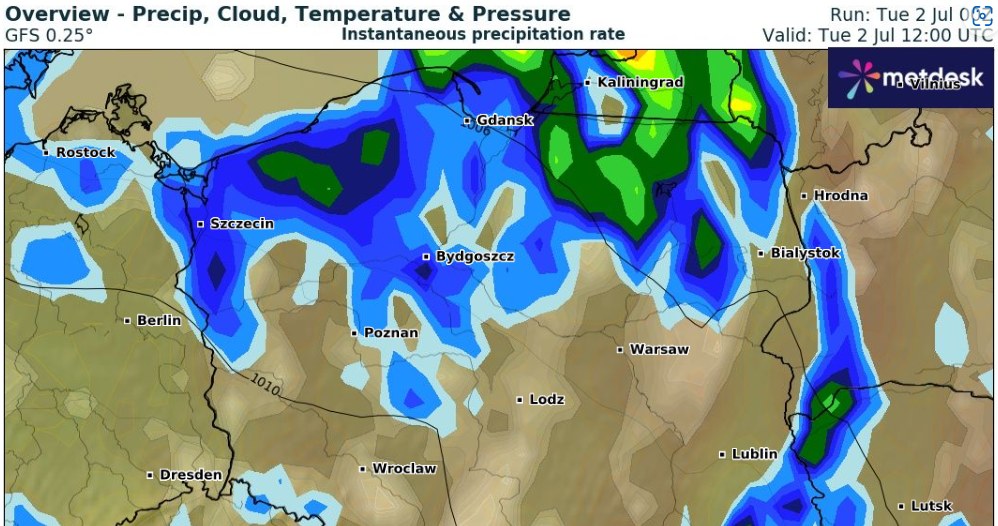 W ciągu dnia może padać w wielu miejscach, a na północy i wschodzie mogą się pojawić słabe burze /wxcharts /