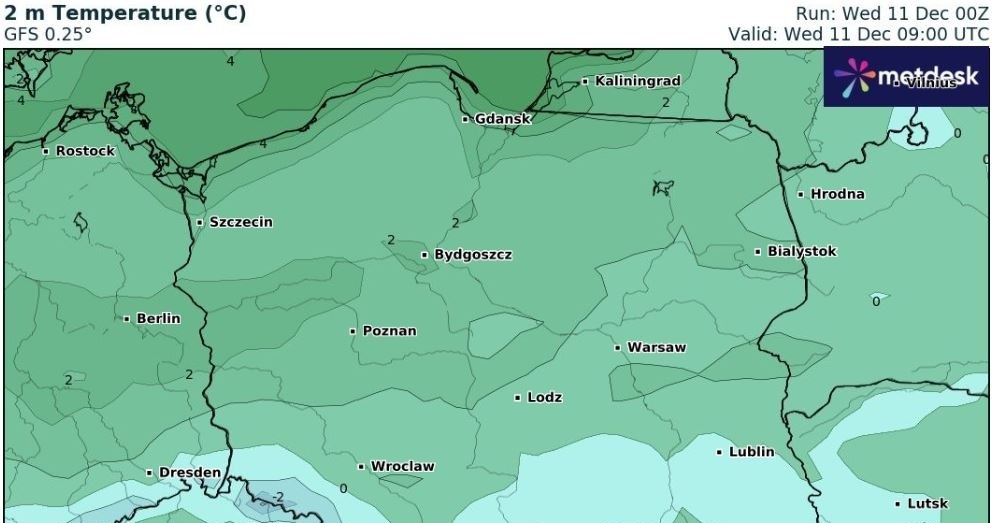 W ciągu dnia najchłodniej będzie na południu kraju. Tam może być -3, -2 st. C /wxcharts /