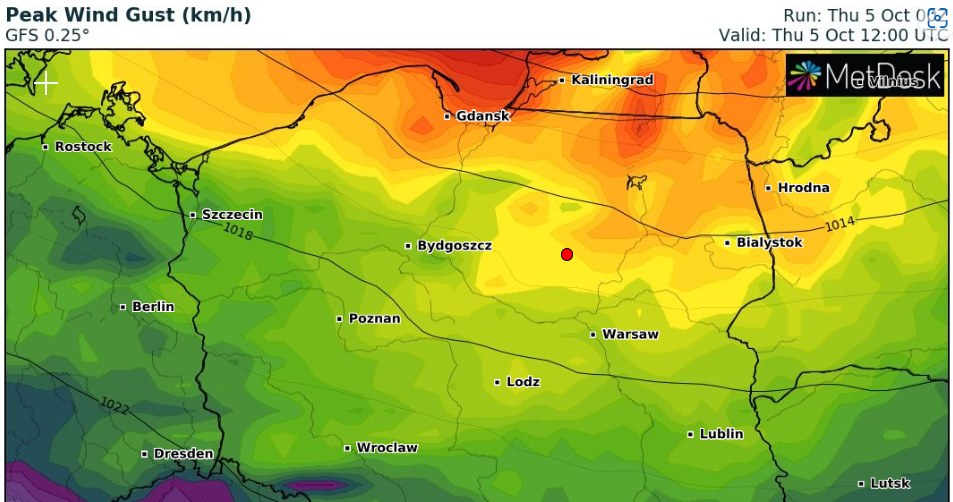 W ciągu dnia najsilniej będzie wiało na północy kraju: dla tych terenów IMGW wystosował alerty pierwszego stopnia /wxcharts /
