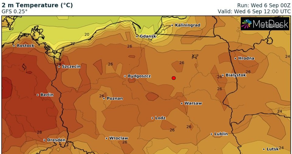 W ciągu dnia w większości kraju będzie od 24 do 28 stopni Celsjusza. Najcieplej będzie na zachodzie i w centrum /wxcharts /