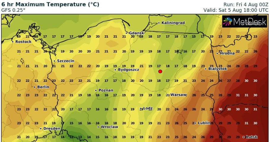 W ciągu dnia w większości Polski temperatury nie przekroczą 20 st. C. Na wschodzie z kolei pojawią się upały /wxcharts /