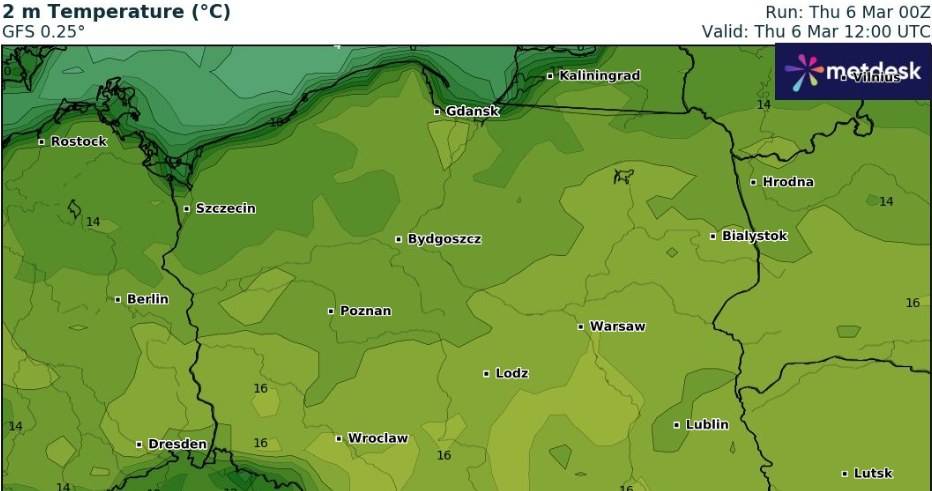 W czwartek będzie bardzo ciepło, szczególnie miejscami na południu kraju. Tam temperatury mogą przekroczyć barierę 20 stopni Celsjusza /wxcharts /
