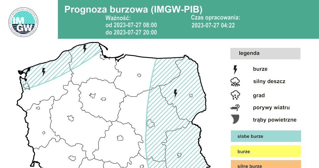 W czwartek mogą się pojawić niezbyt silne burze. W niektórych częściach kraju może też być deszczowo /IMGW /