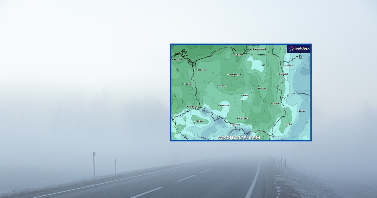 W czwartek na wielu drogach, zwłaszcza na południu kraju, może być ślisko. Do tego zagrożenie zwiększają lokalne gęste mgły /dachux21/123rf/WXCHARTS /