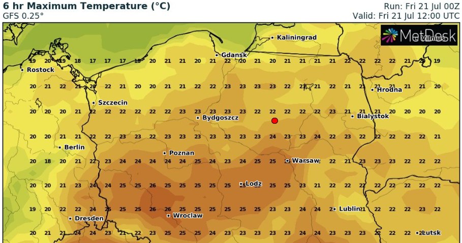 W czwartek nad samym morzem temperatury nie przekroczą 20 st. C a maksymalna temperatura w kraju wyniesie 27 st. C /wxcharts /