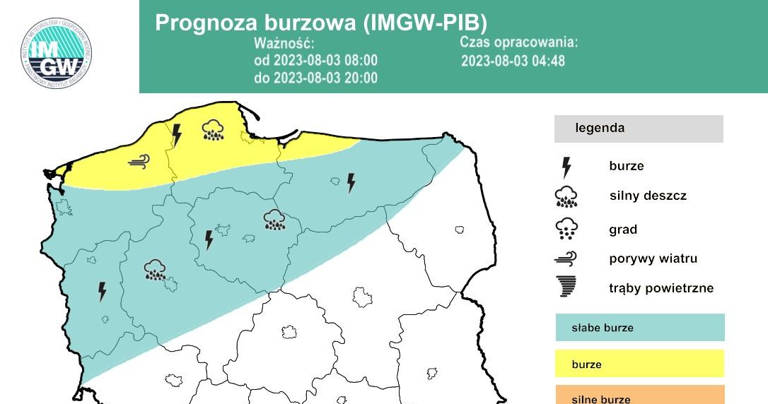 W czwartek najintensywniejsze burze mogą się pojawić na północy Polski. Lokalnie może nawet padać grad /IMGW /