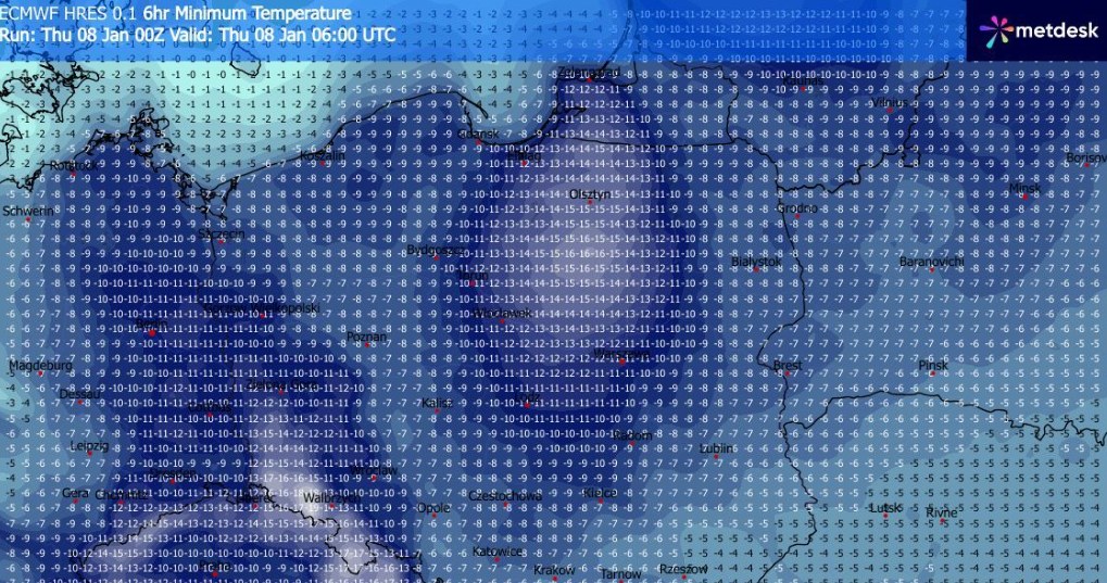 W czwartek rano lokalnie było kilkanaście stopni mrozu, a na Dolnym Śląsku nawet -20 stopni Celsjusza. Najbliższa noc może przynieść podobne wartości /WXCharts /