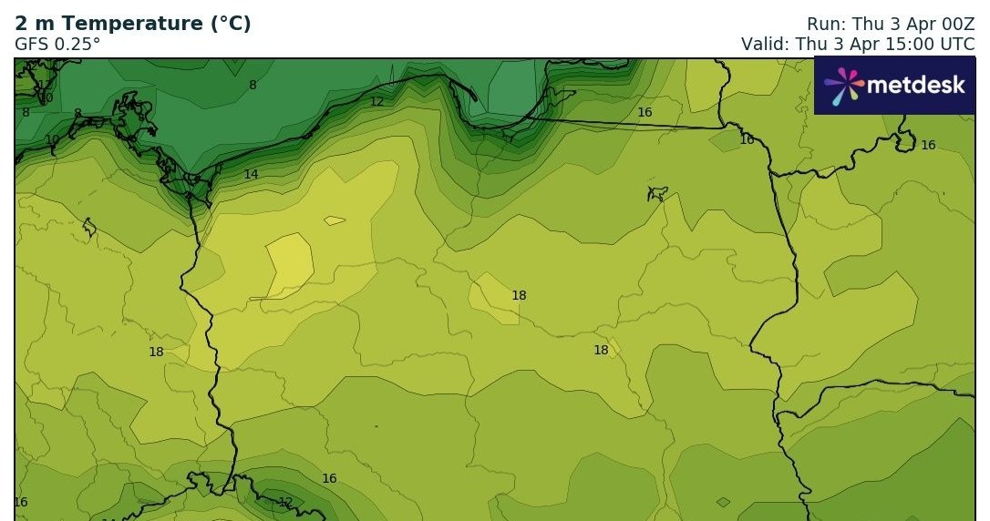 W czwartek w większości Polski będzie ciepło. Na zachodzie i w centrum może być do 18stopni Celsjusza /wxcharts /