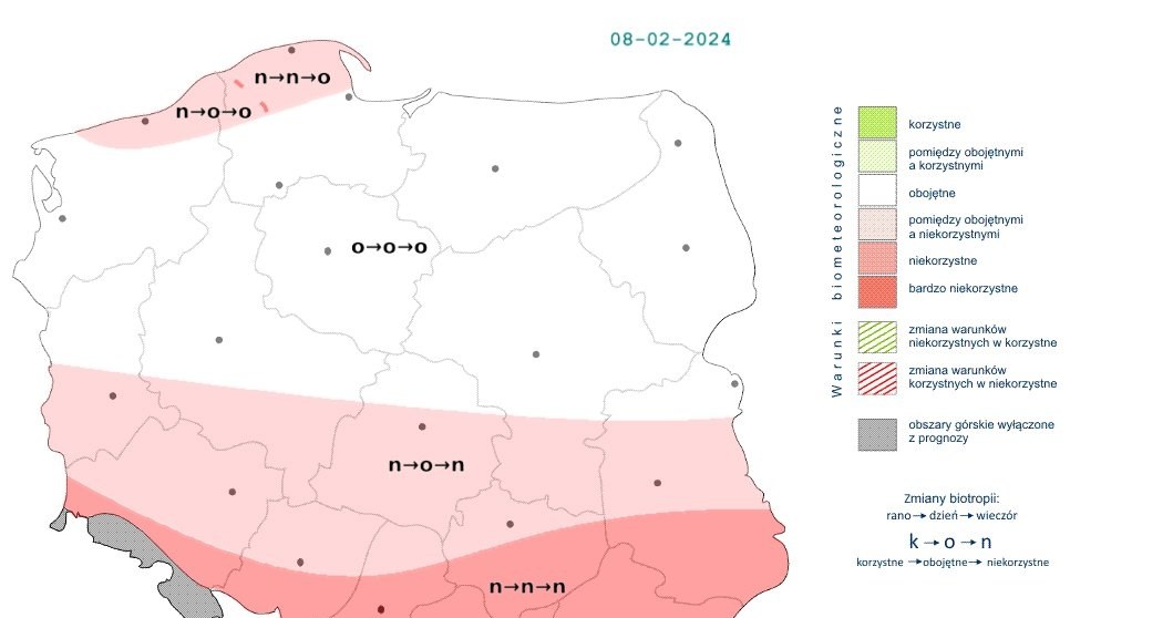 W czwartek w większości Polski warunki będą obojętne. Na południu, gdzie spadnie więcej śniegu, staną się niekorzystne /IMGW /