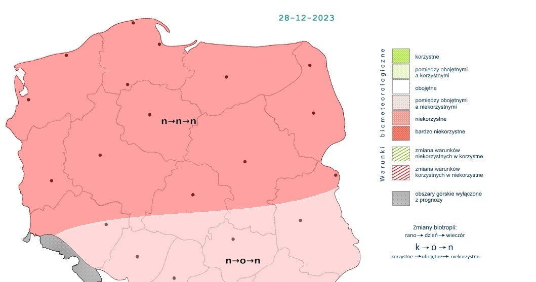 W czwartek warunki będą przeważnie niekorzystne. Na południu Polski w ciągu dnia przejściowo będą obojętne /IMGW /