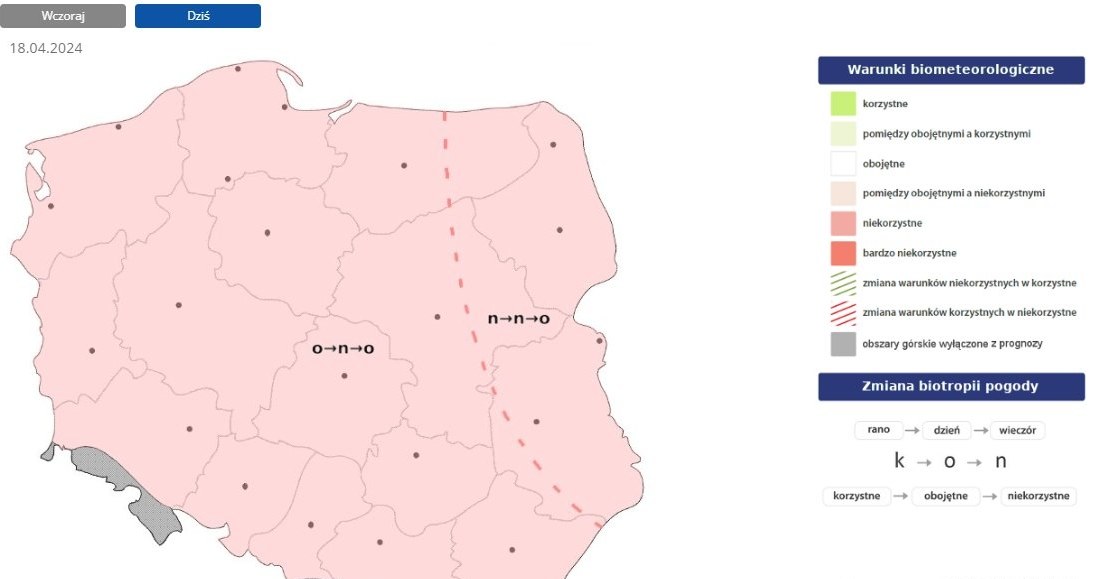 W czwartek warunki biometeorologiczne będą obojętne lub niekorzystne w całym kraju /IMGW /