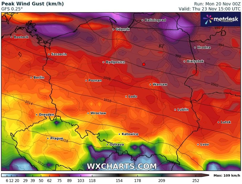 W czwartek wichury nawiedzą praktycznie cały kraj. Najmocniej będzie wiało na północy /wxcharts /