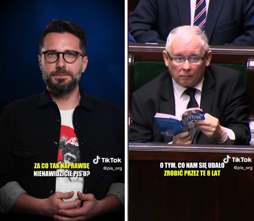W nagraniu, w którym "główną rolę" odgrywa Radosław Fogiel, są też archiwalne ujęcia z Jarosławem Kaczyńskim /PIS /TikTok