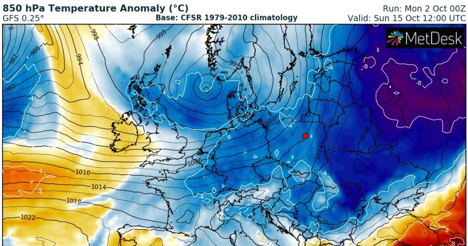W niedzielę 15 października w Polsce będzie chłodno, jednak przeważnie spokojnie /wxcharts /