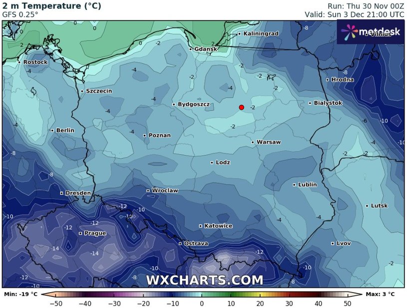W niedzielę na południu Polski IMGW prognozuje miejscami silny mróz. Temperatury mogą spaść do kilkunastu stopni poniżej zera /wxcharts /