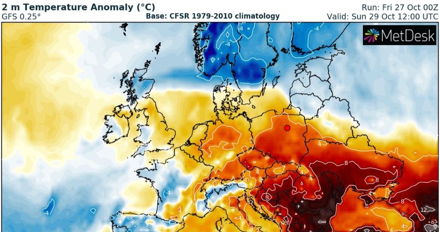 W niedzielę napływ mas ciepłego powietrza spowoduje, że temperatury na południu Polski będą wyższe i nie powinien tam padać deszcz /wxcharts /