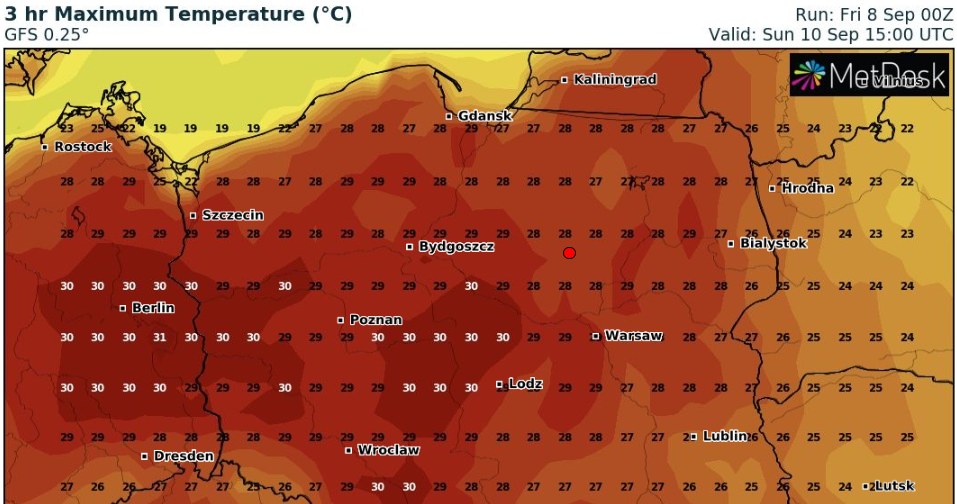 W niedzielę również będzie bardzo ciepło. IMGW prognozuje, że może też wydać alerty dotyczące upału /wxcharts /
