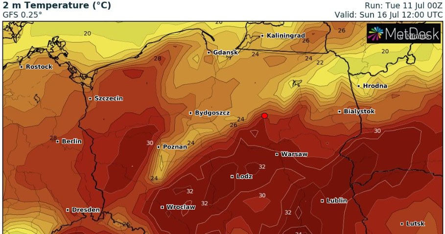 W niedzielę strefa upałów przesunie się bardziej na wschód. W centrum dalej będzie też do 35 st. C /wxcharts /