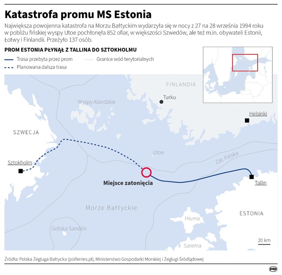 W nocy 28 września 1994 roku prom MS Estonia zatonął podczas sztormu na Morzu Bałtyckim /	Adam Ziemienowicz /PAP