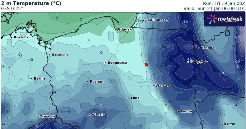 W nocy na północnym wschodzie miejscami może być -12, a nawet -15 stopni Celsjusza. /wxcharts /