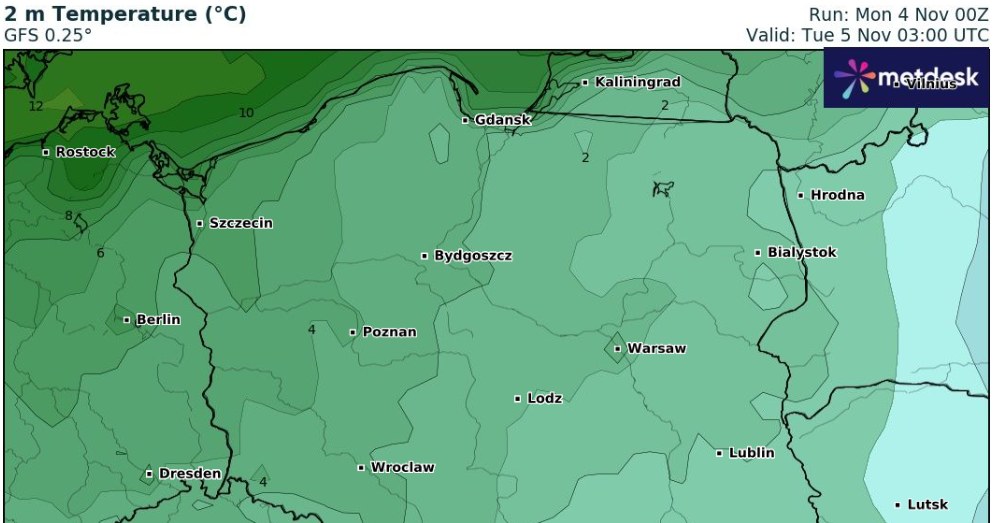 W nocy w wielu miejscach będzie mroźnie. Na terenach podgórskich Karpat temperatura spadnie nawet do -8 stopni Celsjusza /wxcharts /