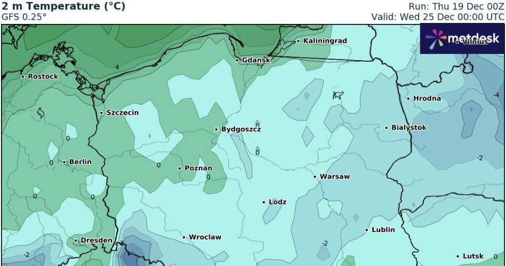 W nocy z 24 na 25 grudnia na Podhalu może być nawet sześć stopni poniżej zera /wxcharts /