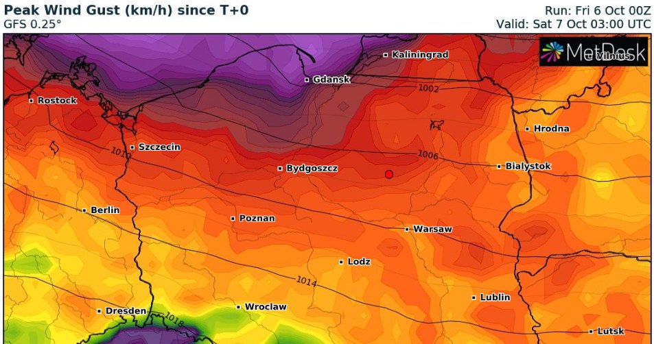 W nocy z piątku na sobotę będzie bardzo silnie wiało. Na północy kraju i w Sudetach prędkość wiatru może sięgnąć 110 km/h /wxcharts /