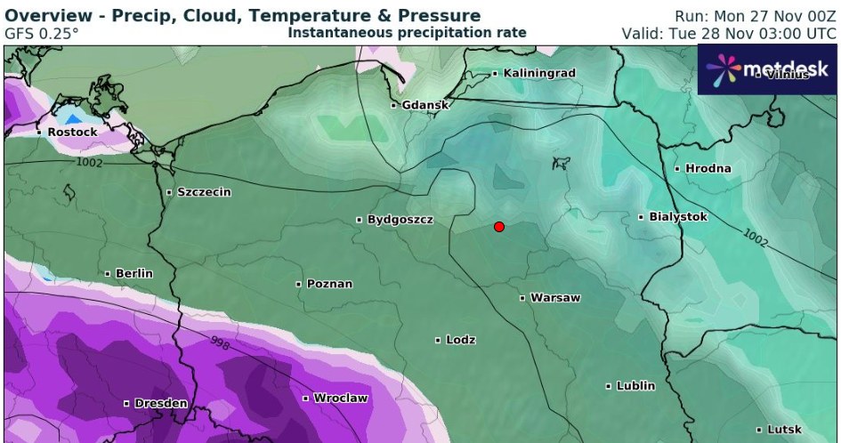 W nocy z poniedziałku na wtorek na południu i północy Polski możliwe będą intensywne opady śniegu /wxcharts