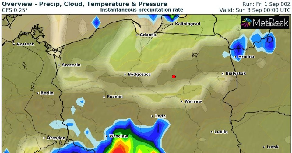 W nocy z soboty na niedzielę na południu mogą pojawić się burze. Tam będzie również intensywniej padało /wxcharts /