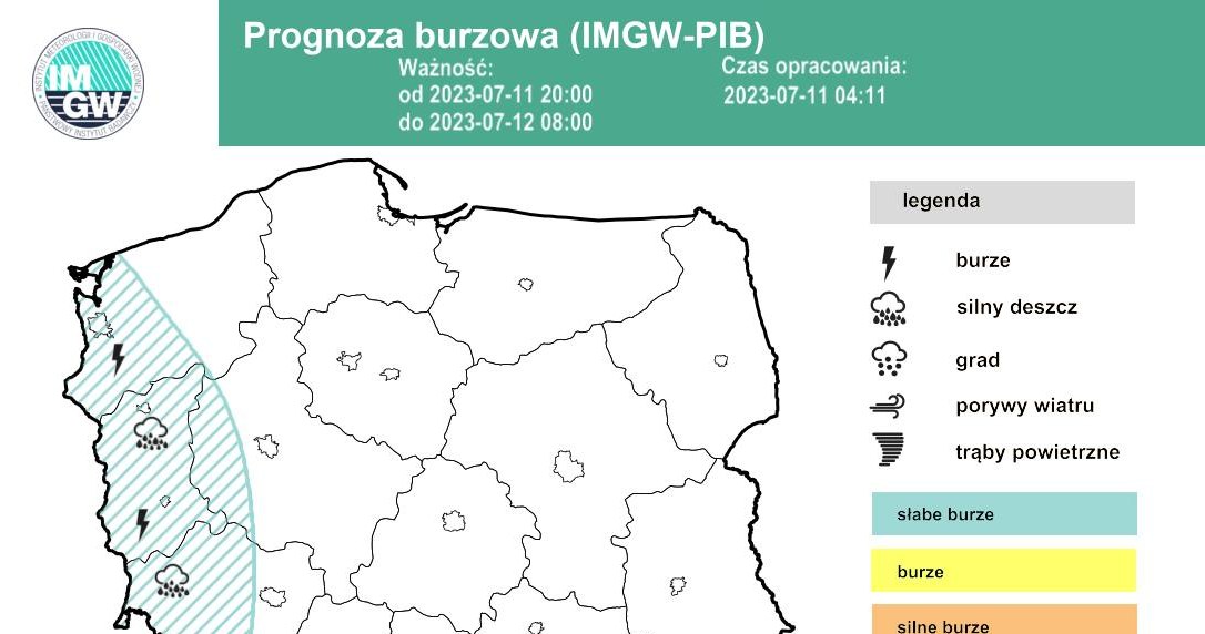 W nocy z wtorku na środę napływający z Niemiec front przyniesie deszcze i burze /IMGW /