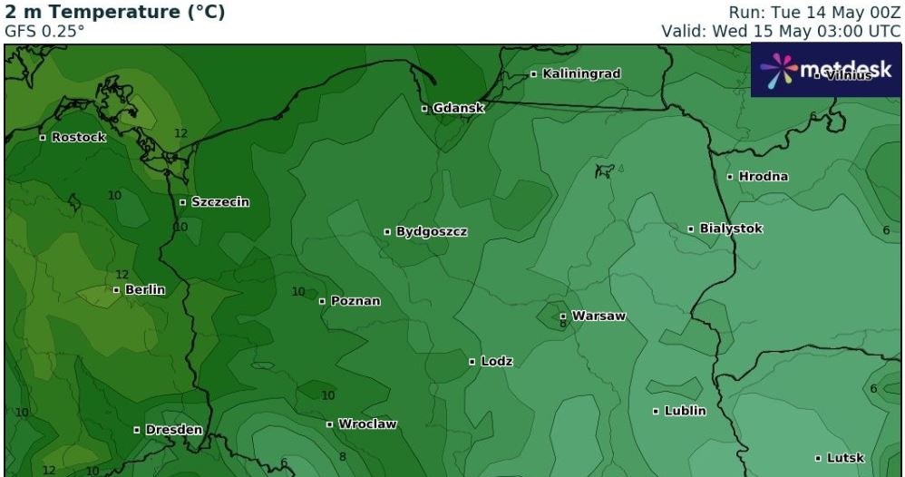 W nocy z wtorku na środę przymrozki możliwe będą głównie na terenach podgórskich na południowym wschodzie kraju /wxcharts /