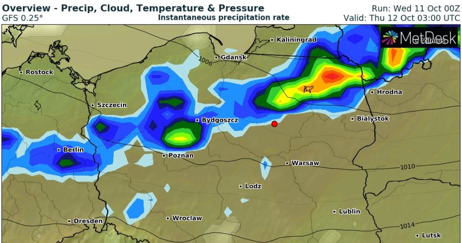 W nocy ze środy na czwartek cyklon Ralf przyniesie pogorszenie pogody. Na północy trzeba się spodziewać większych opadów deszczu /wxcharts