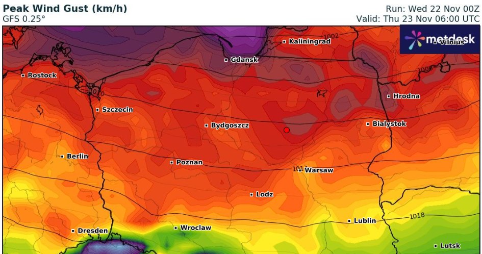 W nocy ze środy na czwartek do Polski wkroczą niebezpieczne wichury, które w czwartek będą obecne w całym kraju /wxcharts