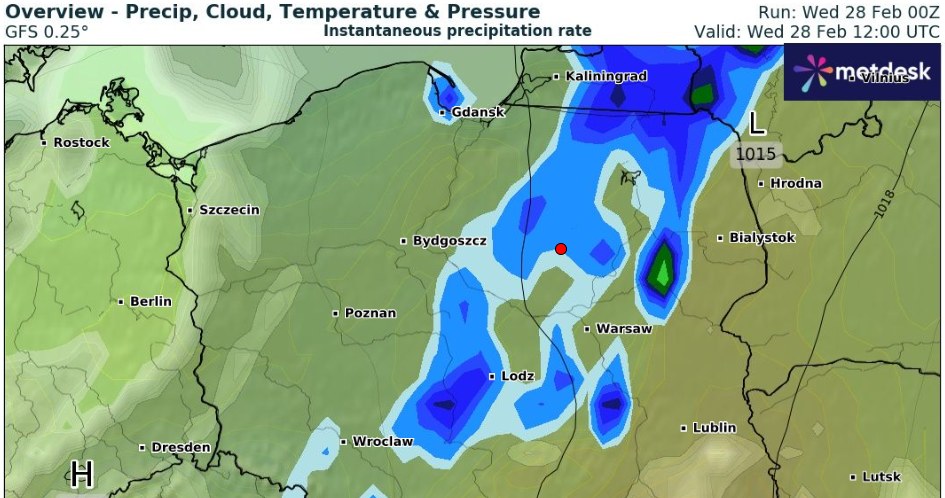 W pasie z południowego zachodu na północny wschód Polski wystąpią deszcze i mżawka, które będą nam towarzyszyć przez większość dnia /wxcharts /