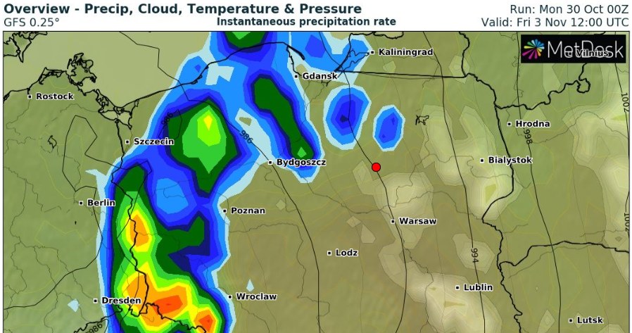 W piątek deszcz będzie padać w centrum oraz na zachodzie Polski /wxcharts /