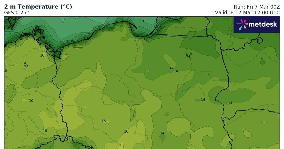W piątek miejscami na południu temperatura może osiągać nawet 19 stopni Celsjusza /wxcharts /